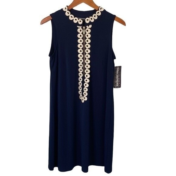 Nina Leanard Embroidered Sleeveless Shift Dress 60's Retro Zip Front Stretchy - Picture 1 of 13
